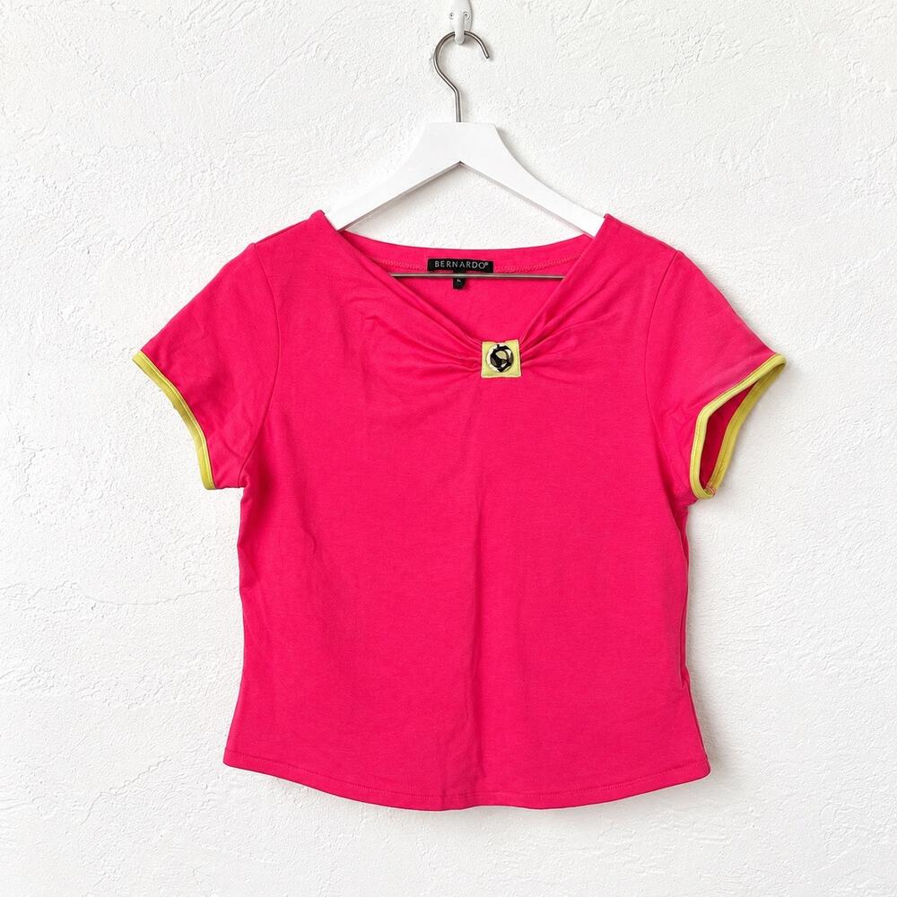 Bernardo Hot Pink Lime Trim Top PL Y2K Mod Geometric Neckline Detail